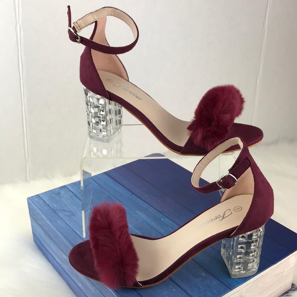 Burgundy Clear Chunky Heels Strapped
